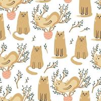 Funny cats and ficus tree plants seamless pattern. Hand drawn flat vector illustration. Potted plants and pets. Great for fabrics, wrapping papers, wallpapers, covers.