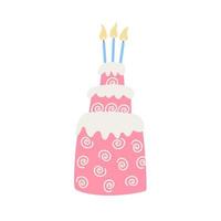 Birthday cake with burning candles  isolated on white background. Hand drawn flat illustration. Great for greeting cards. vector