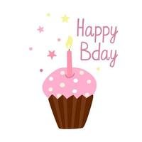 Greeting card with a Birthday cupcake with burning candle isolated on white background. Hand drawn flat illustration and Happy Bday lettering. vector