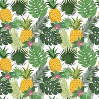 Summer green tropical palm, monstera leaves, pineapples, and flowers seamless pattern. Isolated on white background. vector