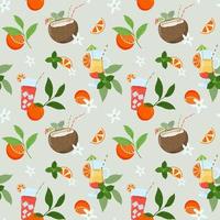 Summer colorful beach cocktails seamless pattern with oranges and mint leaves. Holiday and beach party vector background. Design for use in packing, textile, fabric.