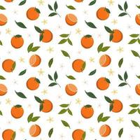 Tropical oranges with green leaves and flowers seamless pattern. Isolated on white background. Vector summer design with fruits for wallpapers, textiles