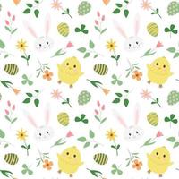 Spring Easter chick and bunny seamless pattern with colored eggs, leaves and flowers. Isolated on white background. Cartoon vector illustration. Children festive design.