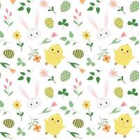 Spring Easter chick and bunny seamless pattern with colored eggs, leaves and flowers. Isolated on white background. Cartoon vector illustration. Children festive design.