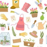 Gardening tools, flowers seamless pattern for design garden center. Vector illustration. Isolated on white background. Design for gardening prints, backdrop.