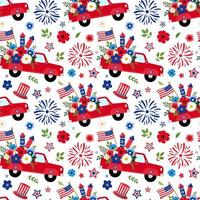 Patriotic 4th of July pickup truck with flowers, crackers, and sparklers seamless pattern. Isolated on white background. Independence day, 4th of July holiday themed design. vector