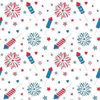 Patriotic fireworks and sparklers on a white background. Fourth of July. Independence Day. Vector seamless pattern.
