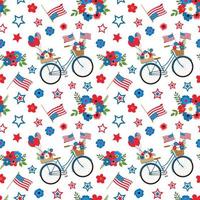 4 de julio bicicleta azul patriótica con banderas americanas, flores y globos de patrones sin fisuras sobre fondo blanco. aislado sobre fondo blanco. fondo de diseño temático del día de la independencia. vector