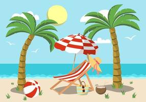 Beach landscape with deck chair, beach umbrella, ball on the sand coast. Sea background. Colorful summer design. Desing for postcards and banners. Vector illustration in flat style