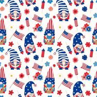 4th of July patriotic gnomes holding flower arrangement, crackers, American flags. Vector seamless pattern. Isolated on white background. Festive design for digital paper, wallpapers.