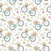 Vintage style turquoise bikes with flower bouquets seamless pattern. Isolated on white background. Romantic spring design. vector