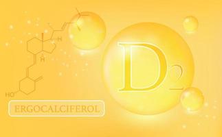 vitamina d2, ergocalciferol, gotas de agua, cápsula sobre fondo degradado naranja. complejo vitamínico con fórmula química. cartel médico de información. ilustración vectorial vector