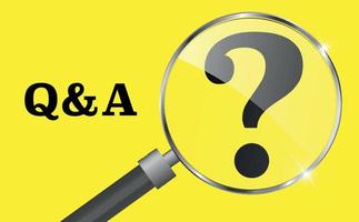 Magnifying glass with text questions and answers and a question mark on a yellow background. Vector illustration