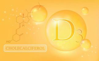 Vitamin, D3, cholecalciferol, water drops, capsule on an orange gradient background. Vitamin complex with chemical formula. Information medical poster. Vector illustration