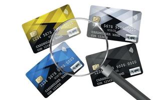 un conjunto de cuatro bancos de plástico multicolor, tarjetas de crédito, diferentes denominaciones bajo una lupa. tarjeta múltiple. ilustración vectorial vector