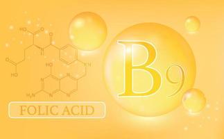 Vitamin B9, folic acid, water drops, capsule on an orange background. Vitamin complex with chemical formula. Information medical poster. Vector illustration