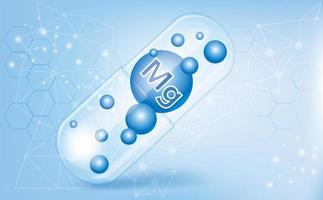 minerales mg, magnesio, vitamina dentro de una cápsula translúcida, macronutriente, suplemento dietético sobre un fondo degradado azul, afiche de información médica. ilustración vectorial