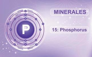 Scheme of the electron shell of the mineral and macroelement P, Phosphorus, element 15 of the periodic table of elements. Abstract purple background. Information poster. Vector illustration