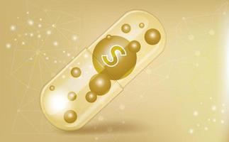 Sulfur medical capsule, macronutrient, vitamin, supplement on brown background, medical information poster. Vector illustration