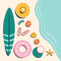 Summer collection, surfboard, hat, glasses, sun visor, slippers. Summer background for a poster or sale advertisement. vector