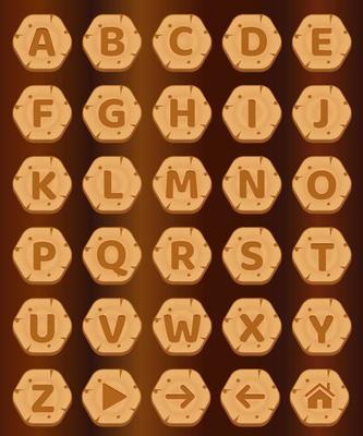 Hexagon buttons wood a-z alphabet words game.