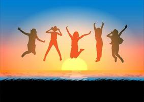 Silhouettes happy jumping women with sunrise background vector illustration