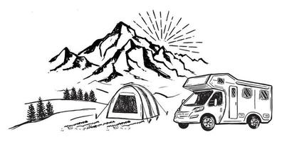 camping en la naturaleza, casa rodante, paisaje montañoso, estilo dibujado a mano, ilustraciones vectoriales. vector