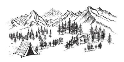 Camping in nature, Mountain landscape, sketch style, vector illustrations.