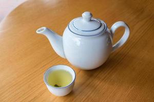 Ceramic tea cup with white kettle on table photo