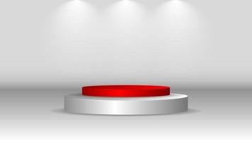 vector de podio rojo y blanco, focos con luz blanca brillante, adecuado para la promoción de productos