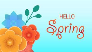 hola saludos de banner de vector de texto de primavera, fondo de primavera con hermosas flores.