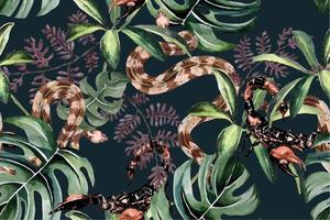 serpiente de patrones sin fisuras, escorpión y planta tropical monstera pintada en acuarela.para diseños de tela y papel tapiz del bosque.fondo de patrón de ventaja natural. vector