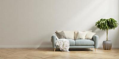 Living room interior wall mock up with sofa and plant on white wall background. photo