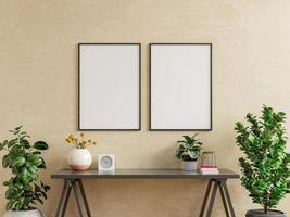 Mockup frame on work table in living room interior on empty cream color wall background. photo