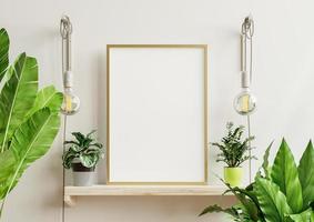 Interior poster mockup with vertical wooden frame in home interior background.