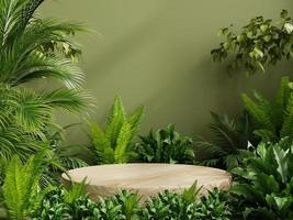 Circle wood pedestal in tropical forest for product presentation and green wall. photo