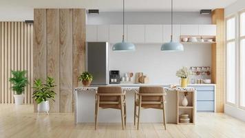 Modern kitchen interior with furniture,kitchen interior with white wall. photo