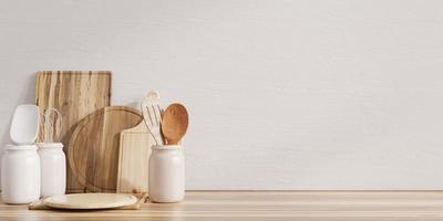 kitchen interior with kitchen utensils standing on wooden shelf. photo
