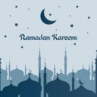 Ramadan Kareem greeting card with silhouette mosque and minaret, vector illustration