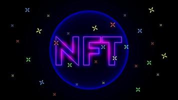 nft with glowing neon cicle, non-fungible token crypto art, neon light style. vector