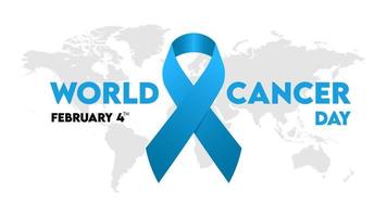 february 4 th, world cancer day, text with ribbon symbol and world map. vector illustration of hope.