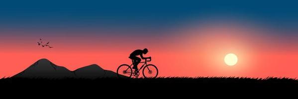 imagen gráfica de un hombre montando una bicicleta por la noche con un fondo de puesta de sol y una silueta naranja de puesta de sol con hierba oscura en la ilustración de vector de tierra