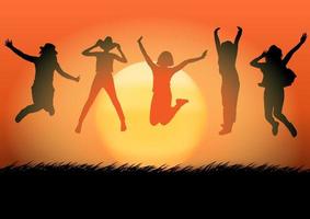 Silhouettes happy jumping women with sunrise background vector illustration