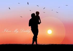 Graphics Design Father holding the young on hands with landscape view outdoor of sunset with grass on the ground for greeting card vector illustration