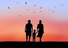 father mother and son with look twilight silhouette of nature after  sunset on the background vector illustration