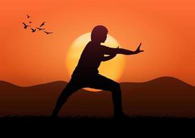 sport1graphics image drawing tai chi with sunrise and mountain landscape view outdoor concept exercise for health benefits on the morning vector