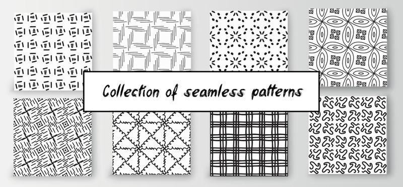 Set of seamless abstract geometric hand-drawn patterns. Modern creative background