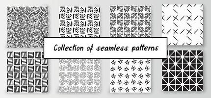 Set of seamless abstract geometric hand-drawn patterns. Modern creative background vector