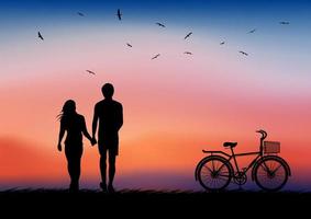 graphics drawing couple boy and girl stand to look at light silhouette orange after sunset vector illustration concept romantic