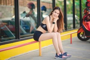 Beautiful white women wear exercise clothes, ready to exercise photo